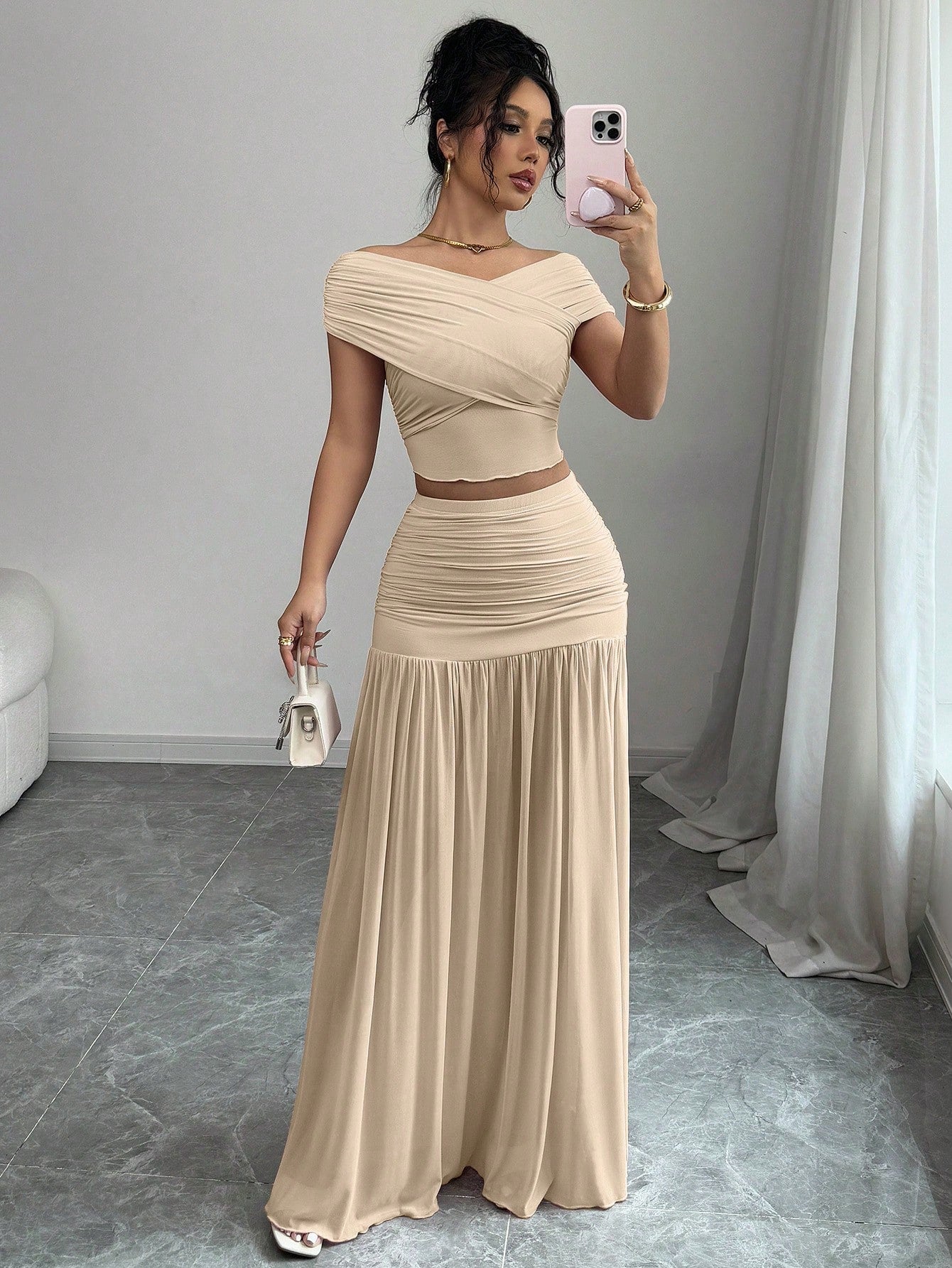 2pcs/Set Women Solid Color Fitted Simple Top And Skirt shein