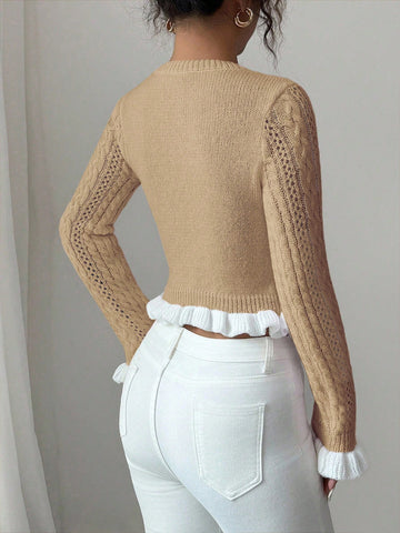 Women's Autumn New Knitted Fitted Crew Neck Ruffle Cuff Short Cardigan