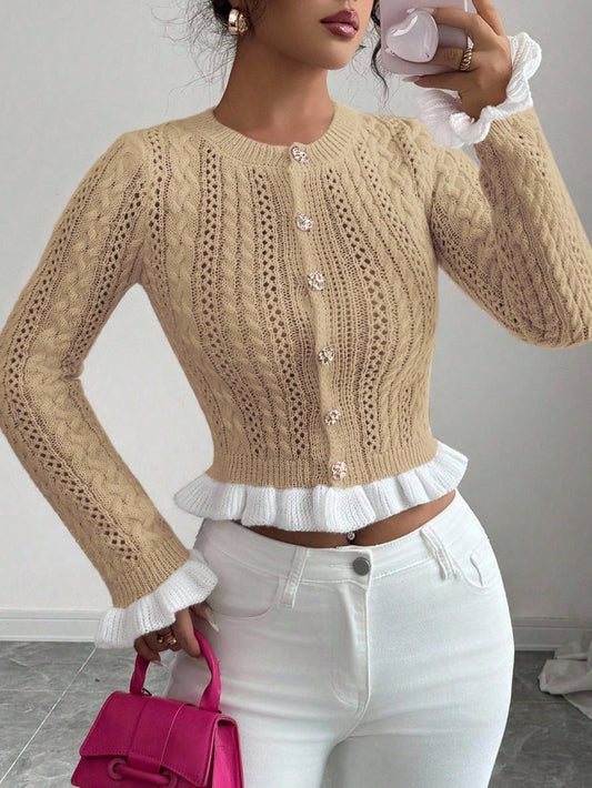 Women's Autumn New Knitted Fitted Crew Neck Ruffle Cuff Short Cardigan