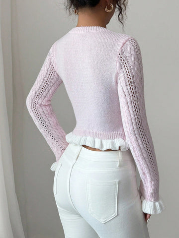 Women's Autumn New Knitted Fitted Crew Neck Ruffle Cuff Short Cardigan