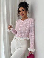 Women's Autumn New Knitted Fitted Crew Neck Ruffle Cuff Short Cardigan shein