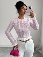Women's Autumn New Knitted Fitted Crew Neck Ruffle Cuff Short Cardigan shein