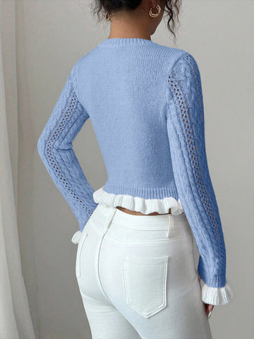 Women's Autumn New Knitted Fitted Crew Neck Ruffle Cuff Short Cardigan