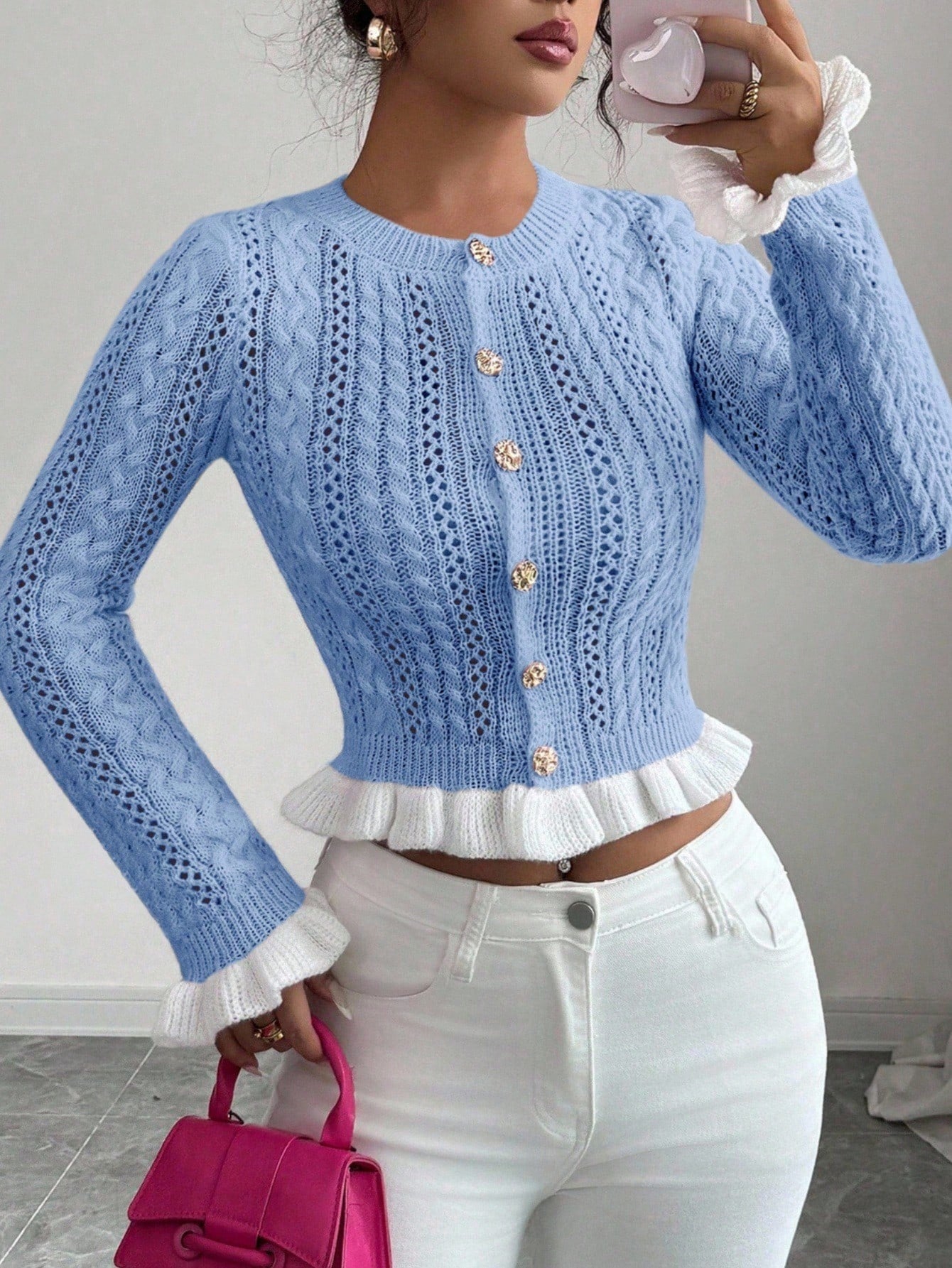 Women's Autumn New Knitted Fitted Crew Neck Ruffle Cuff Short Cardigan