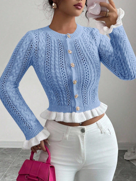 Women's Autumn New Knitted Fitted Crew Neck Ruffle Cuff Short Cardigan