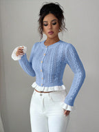 Women's Autumn New Knitted Fitted Crew Neck Ruffle Cuff Short Cardigan shein
