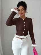 Women's Autumn New Knitted Fitted Crew Neck Ruffle Cuff Short Cardigan shein