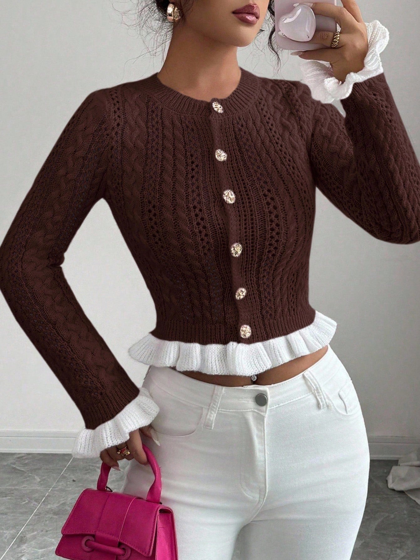 Women's Autumn New Knitted Fitted Crew Neck Ruffle Cuff Short Cardigan