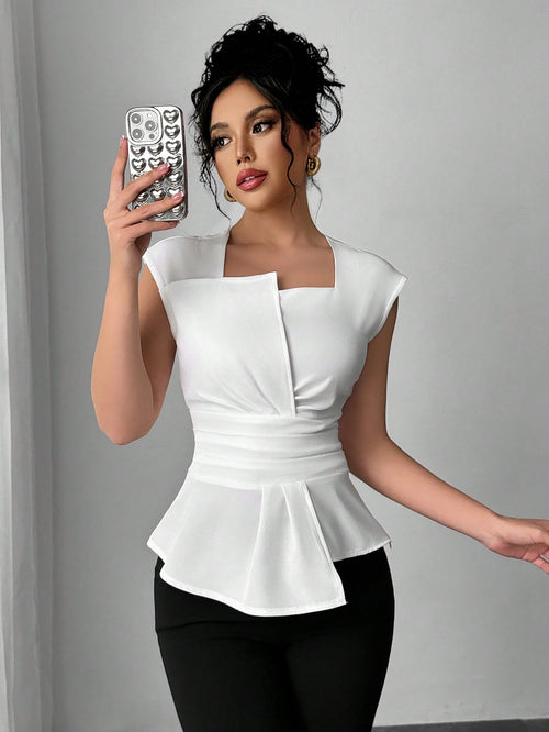 Elenzga Women Casual Office Asymmetrical Collar Sleeveless Blouse shein