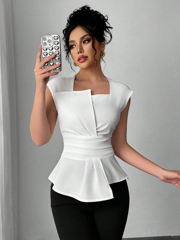 Elenzga Women Casual Office Asymmetrical Collar Sleeveless Blouse
