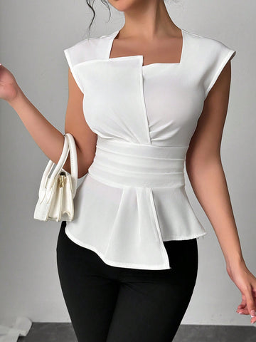 Elenzga Women Casual Office Asymmetrical Collar Sleeveless Blouse