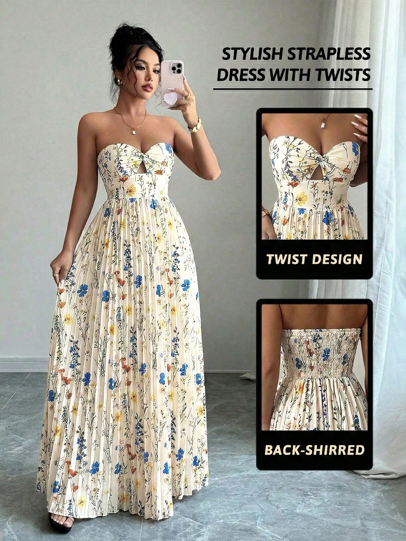Women's Twist-Knot Printed Smock Pleated Swing Maxi Casual Vacation Elegant Dress shein