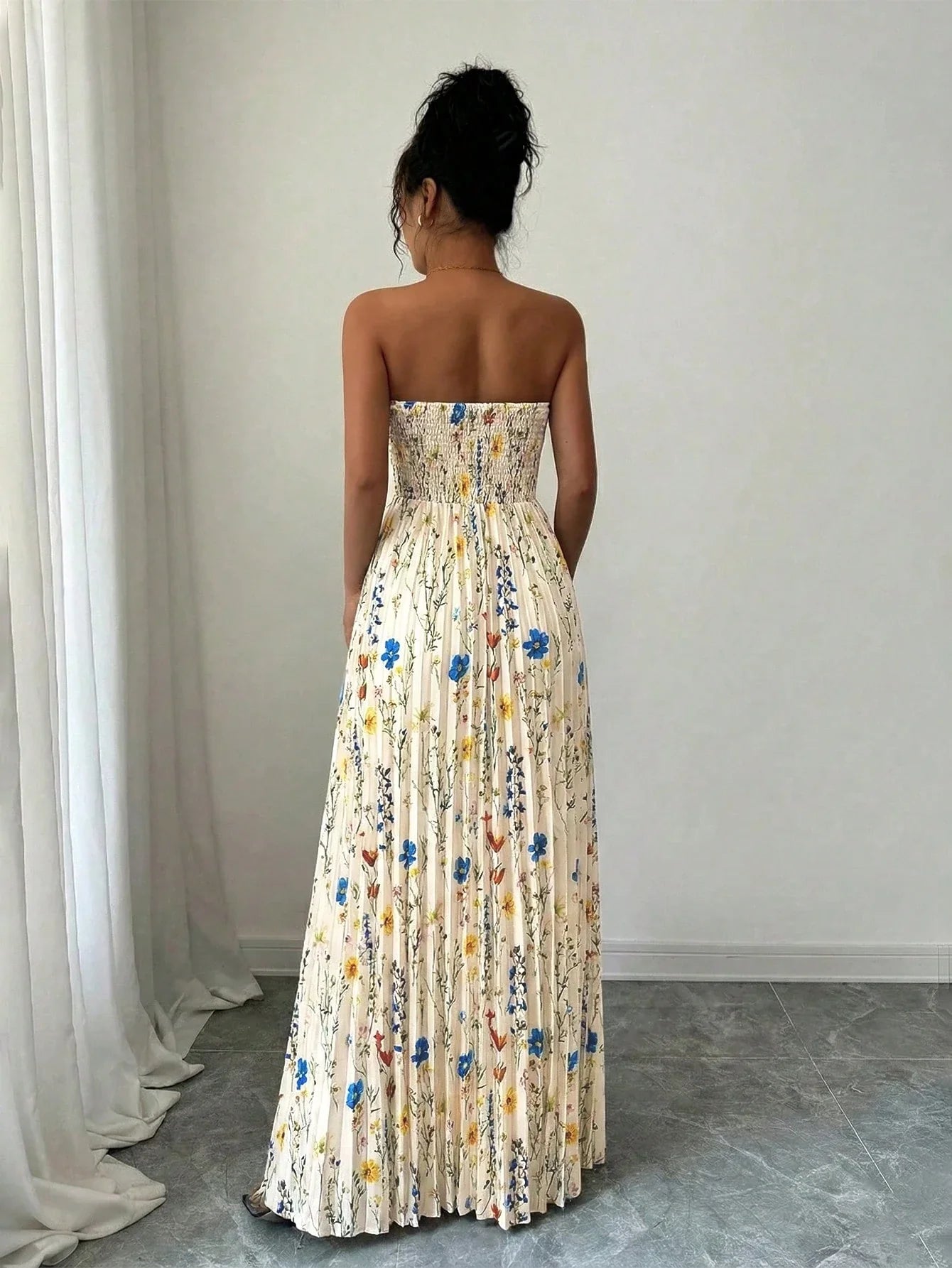 Women's Twist-Knot Printed Smock Pleated Swing Maxi Casual Vacation Elegant Dress shein