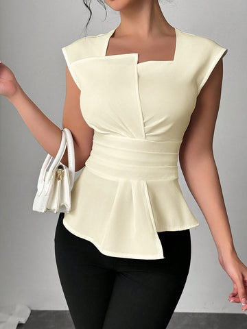 Elenzga Women Casual Office Asymmetrical Collar Sleeveless Blouse