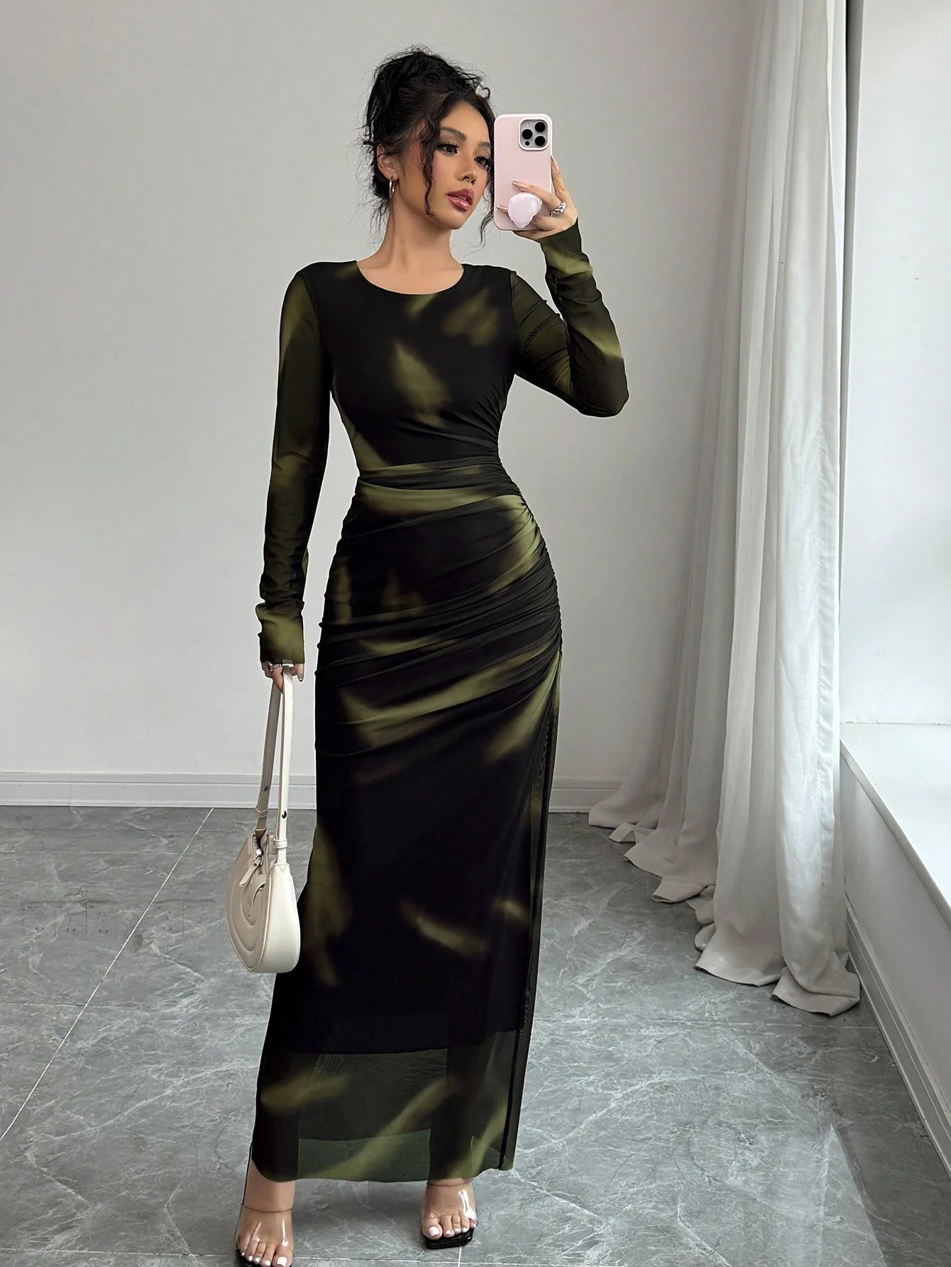 Women's Elegant Elastic Ombre Printed Mesh Ruched Bodycon Maxi Dress shein