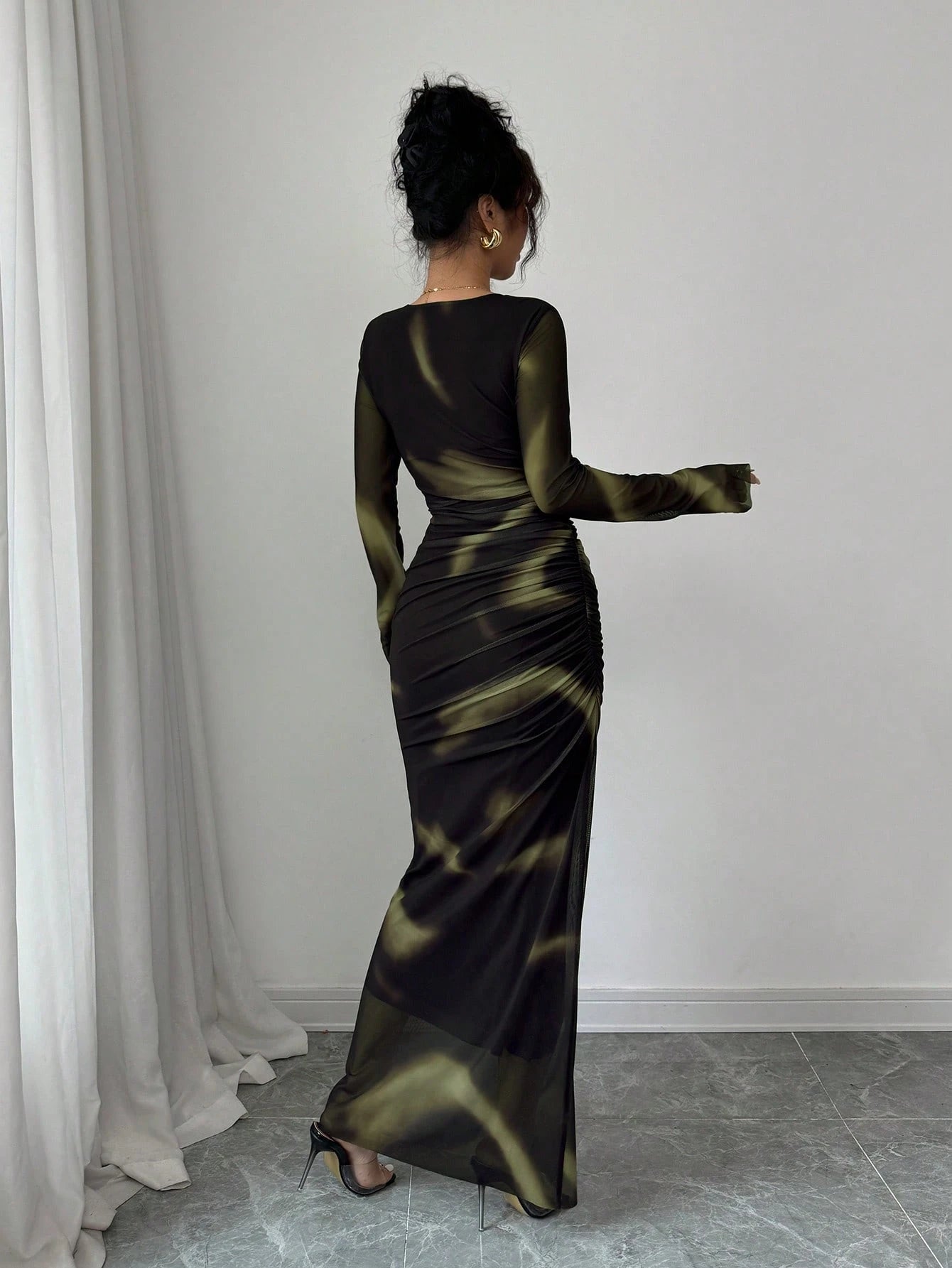 Women's Elegant Elastic Ombre Printed Mesh Ruched Bodycon Maxi Dress shein
