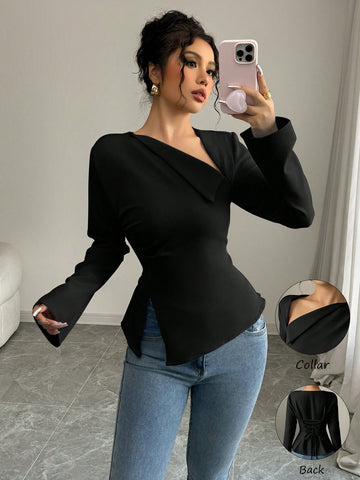 Asymmetric Slant V-Neck Long Sleeve Waist Cinched High-Low Hem Back Tie Solid Color Blouse