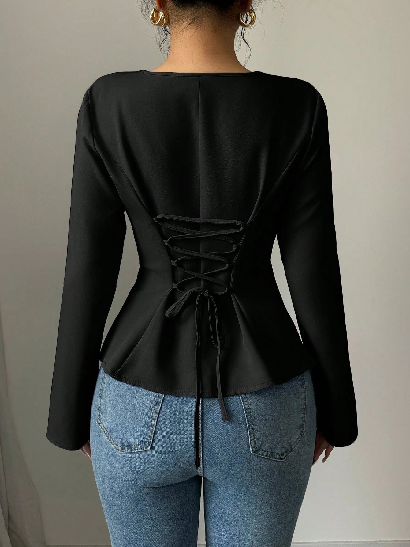 Asymmetric Slant V-Neck Long Sleeve Waist Cinched High-Low Hem Back Tie Solid Color Blouse