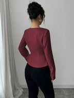 Trapezoidal Collar Square Neck Front Button Decorative Waistline A-Line Long Sleeve Shirt shein