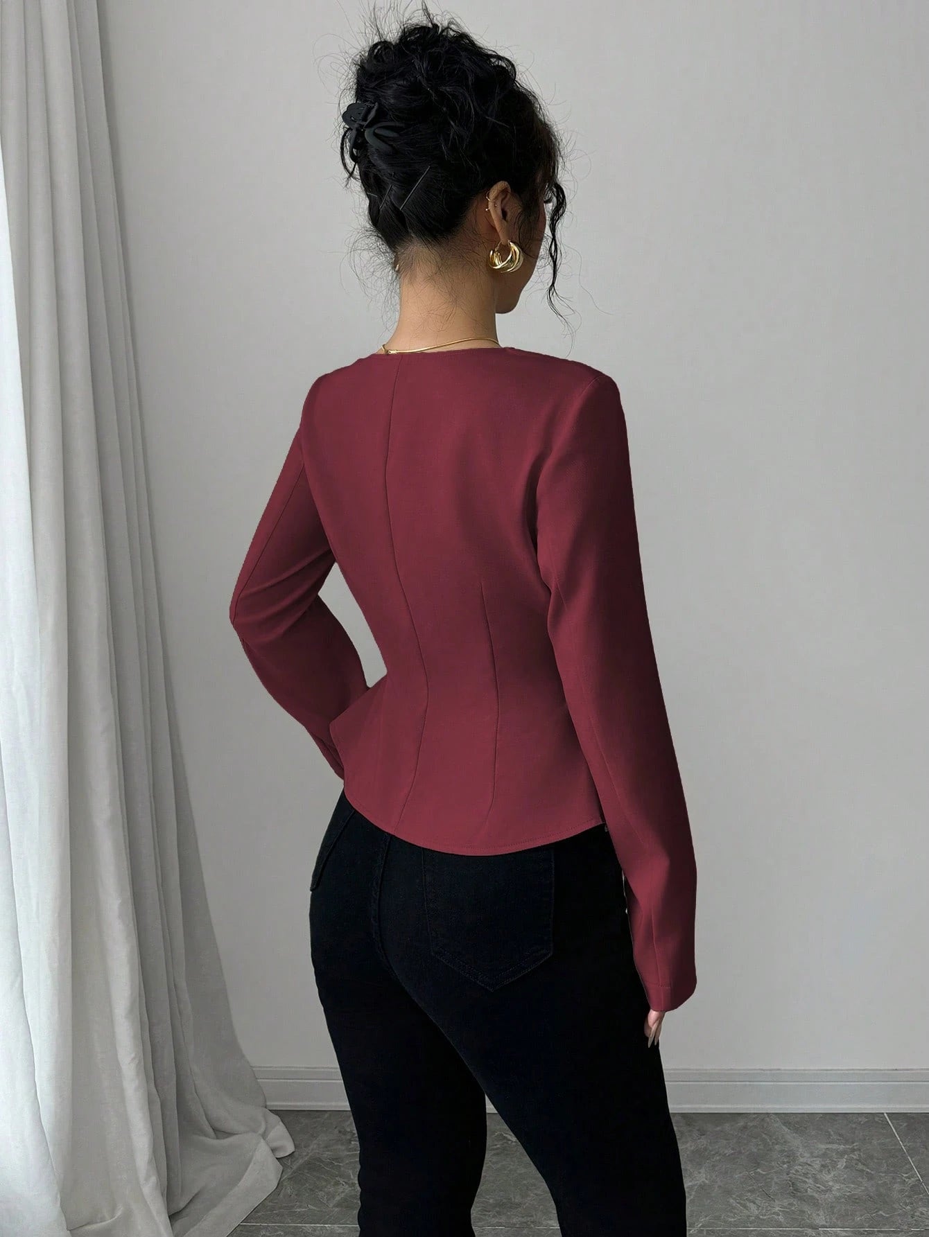 Trapezoidal Collar Square Neck Front Button Decorative Waistline A-Line Long Sleeve Shirt