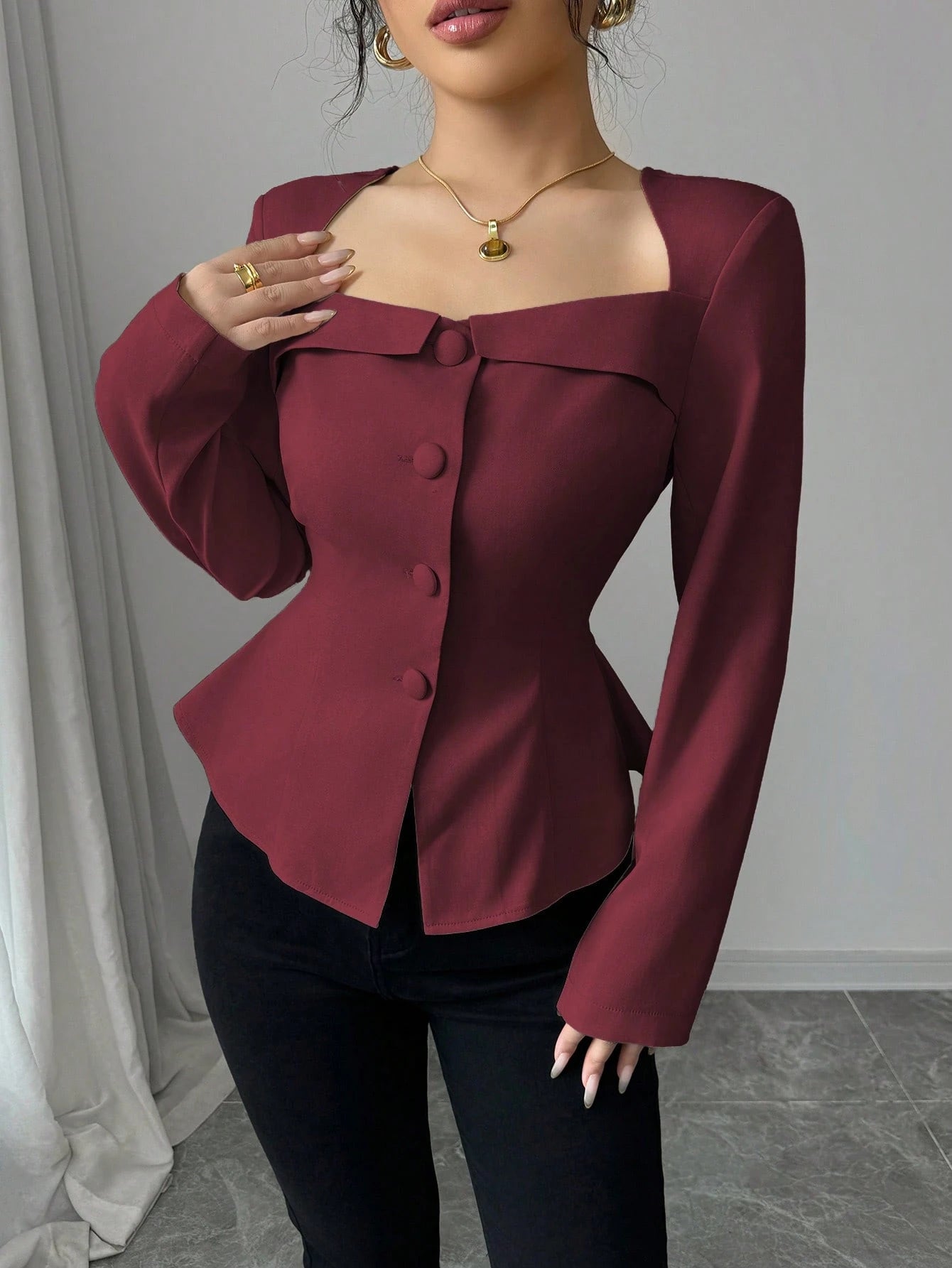 Trapezoidal Collar Square Neck Front Button Decorative Waistline A-Line Long Sleeve Shirt