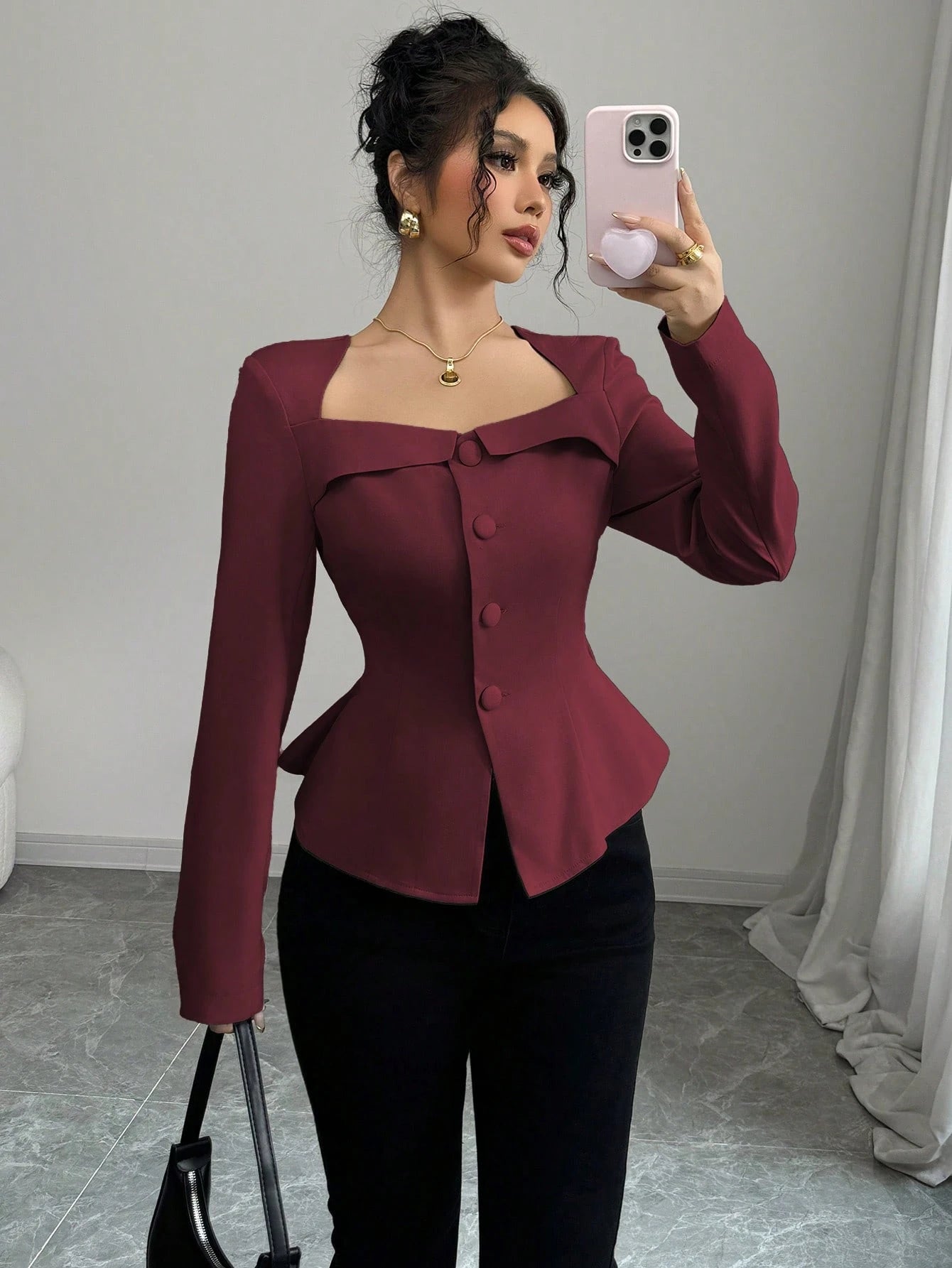Trapezoidal Collar Square Neck Front Button Decorative Waistline A-Line Long Sleeve Shirt