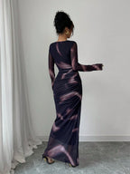 Women's Elegant Gradient Colored Print Mesh Ruffled Bodycon Maxi Dress shein