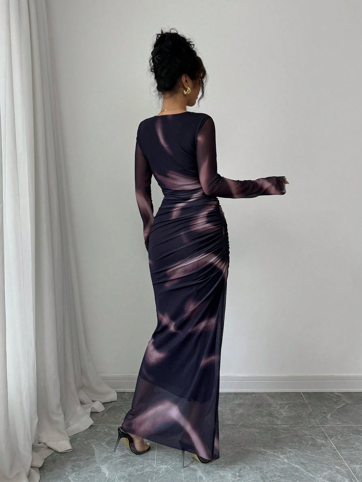 Women's Elegant Gradient Colored Print Mesh Ruffled Bodycon Maxi Dress shein