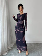 Women's Elegant Gradient Colored Print Mesh Ruffled Bodycon Maxi Dress shein