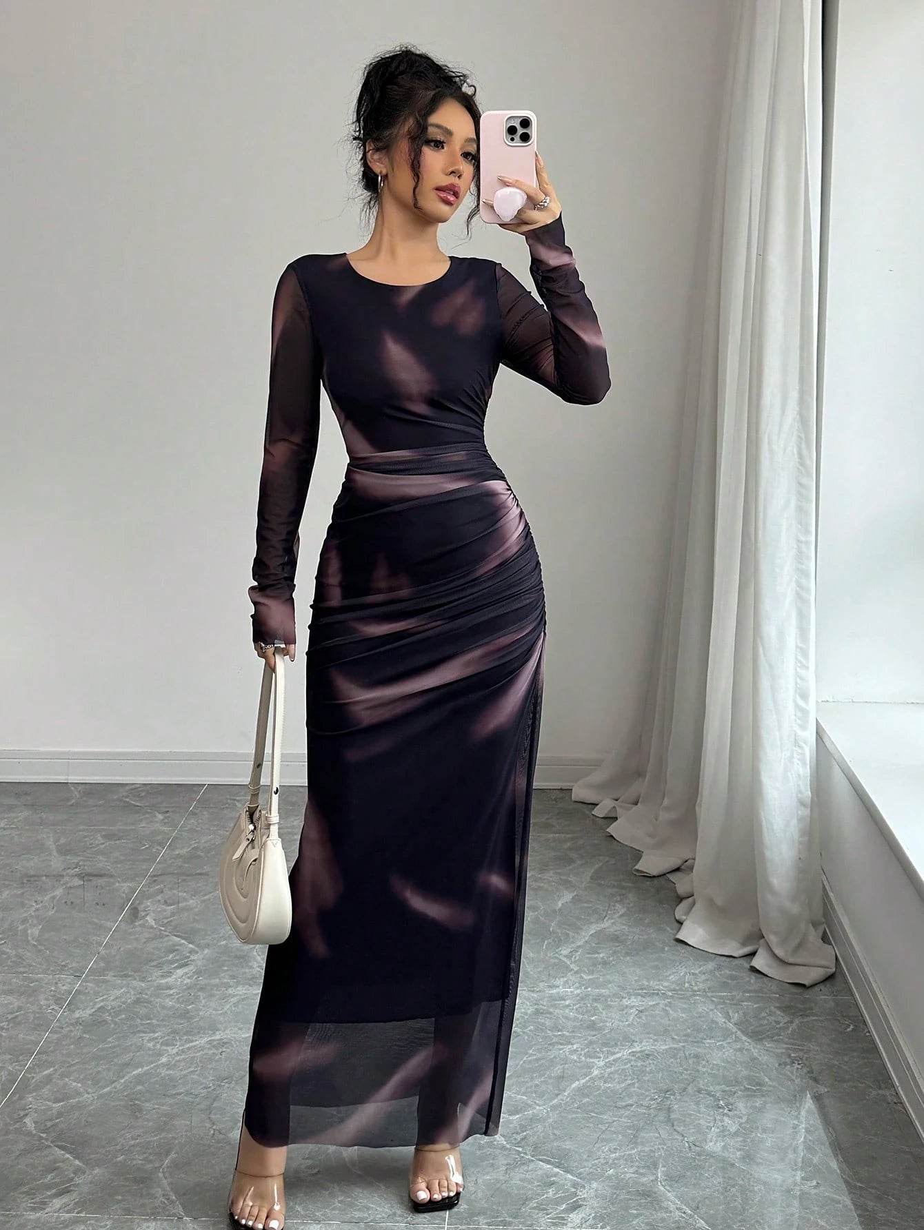 Women's Elegant Elastic Ombre Printed Mesh Ruched Bodycon Maxi Dress shein