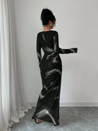 Women's Elegant Gradient Colored Print Mesh Ruffled Bodycon Maxi Dress shein