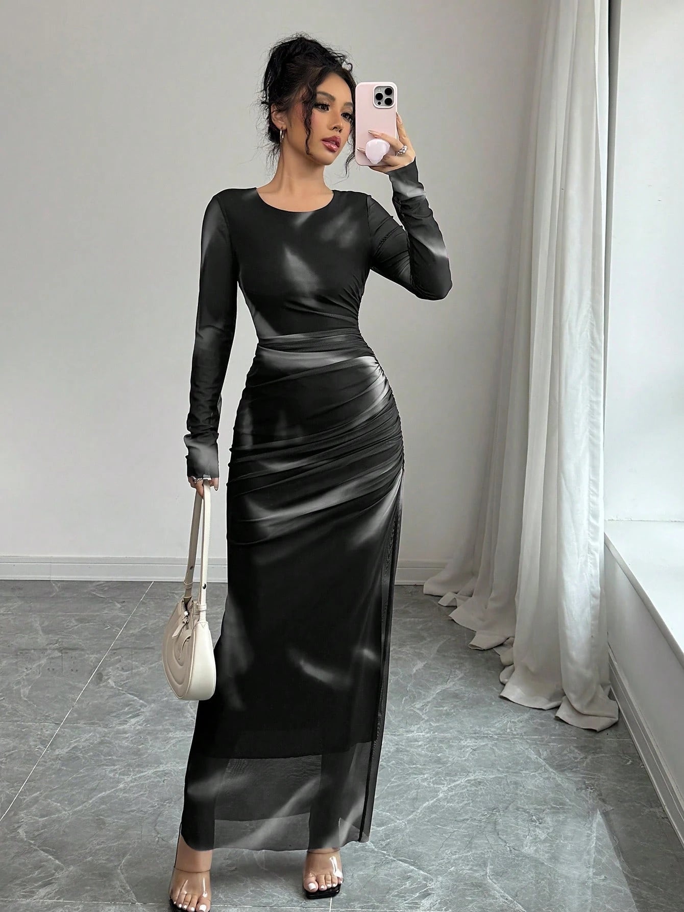 Women's Elegant Elastic Ombre Printed Mesh Ruched Bodycon Maxi Dress shein