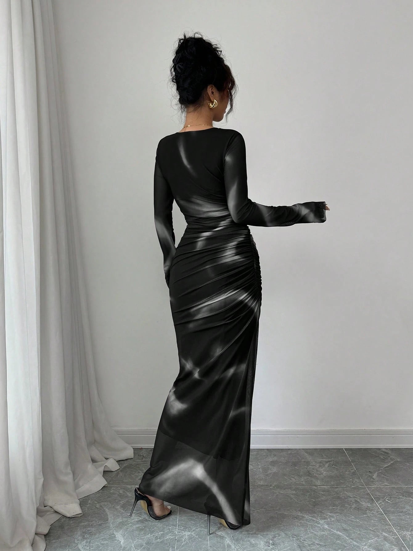 Women's Elegant Elastic Ombre Printed Mesh Ruched Bodycon Maxi Dress shein
