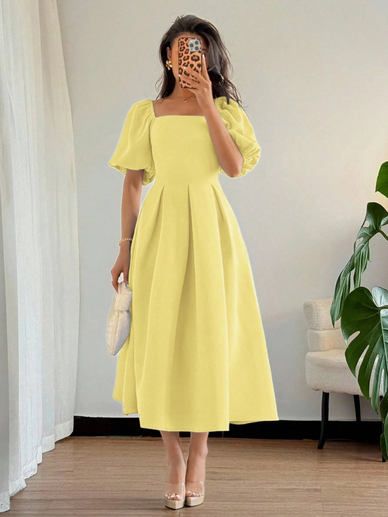 Women's Elegant Chic Minimalist Ruffle Hem Puff Sleeve A-Line Dress