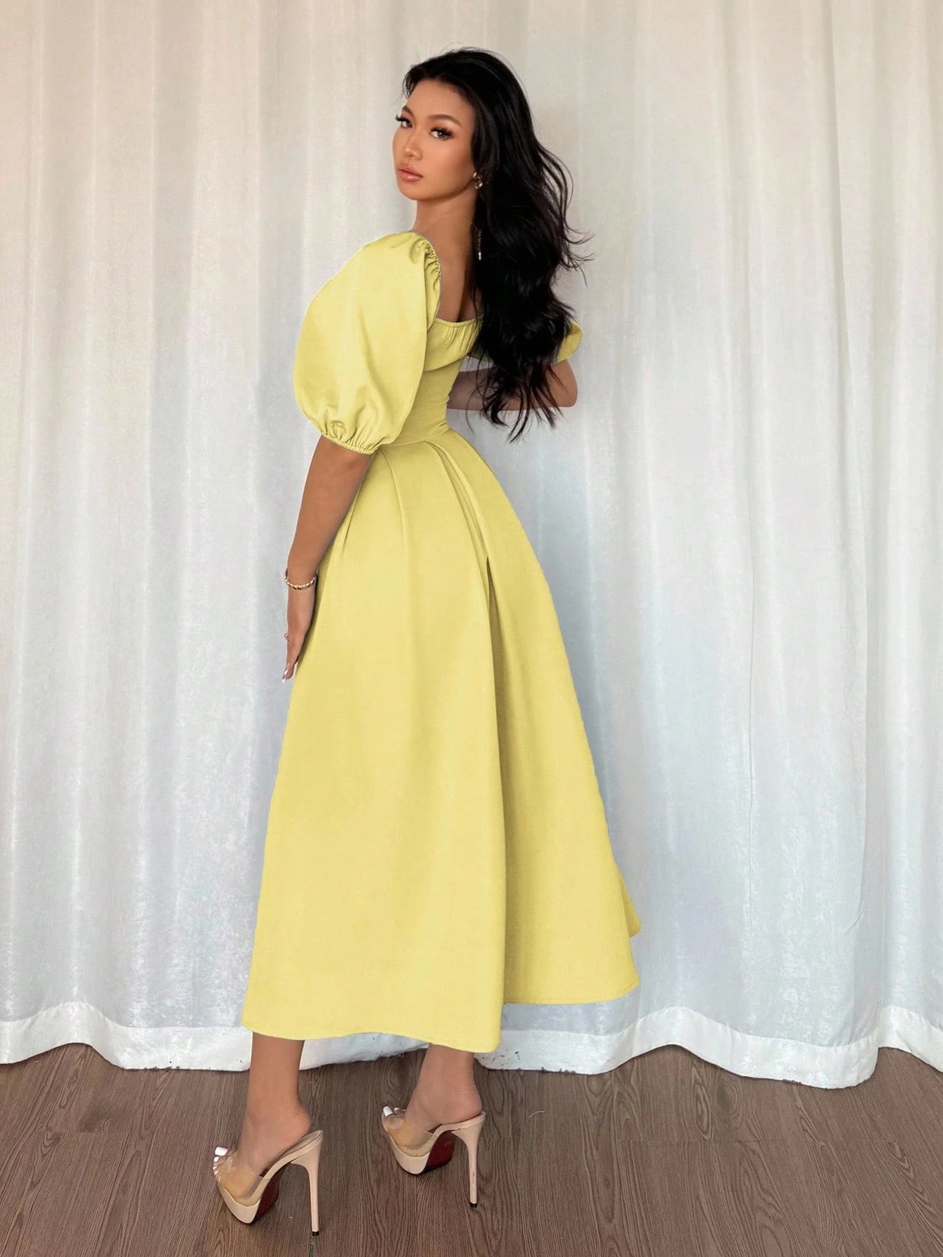 Women's Elegant Chic Minimalist Ruffle Hem Puff Sleeve A-Line Dress