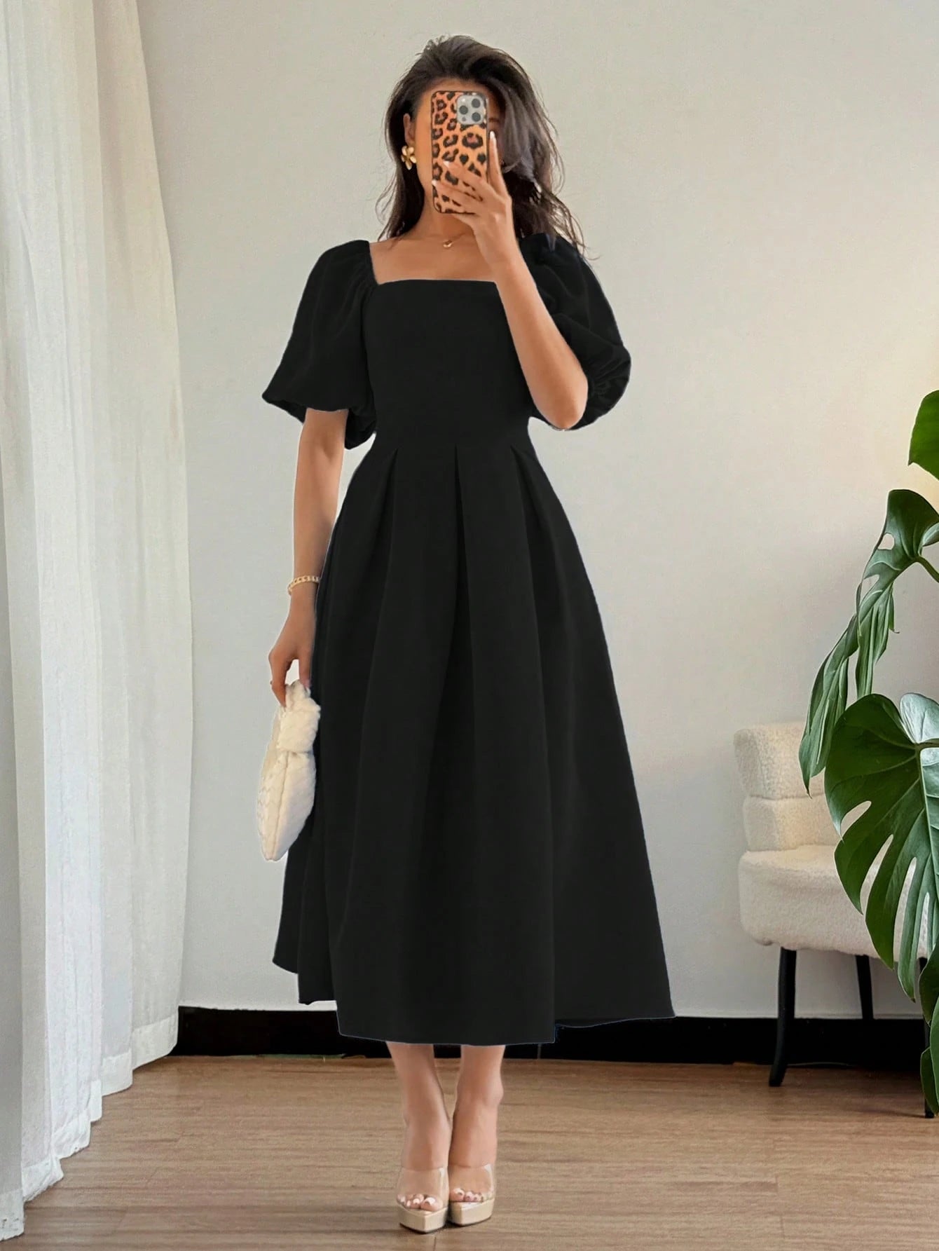 Women's Elegant Chic Minimalist Ruffle Hem Puff Sleeve A-Line Dress