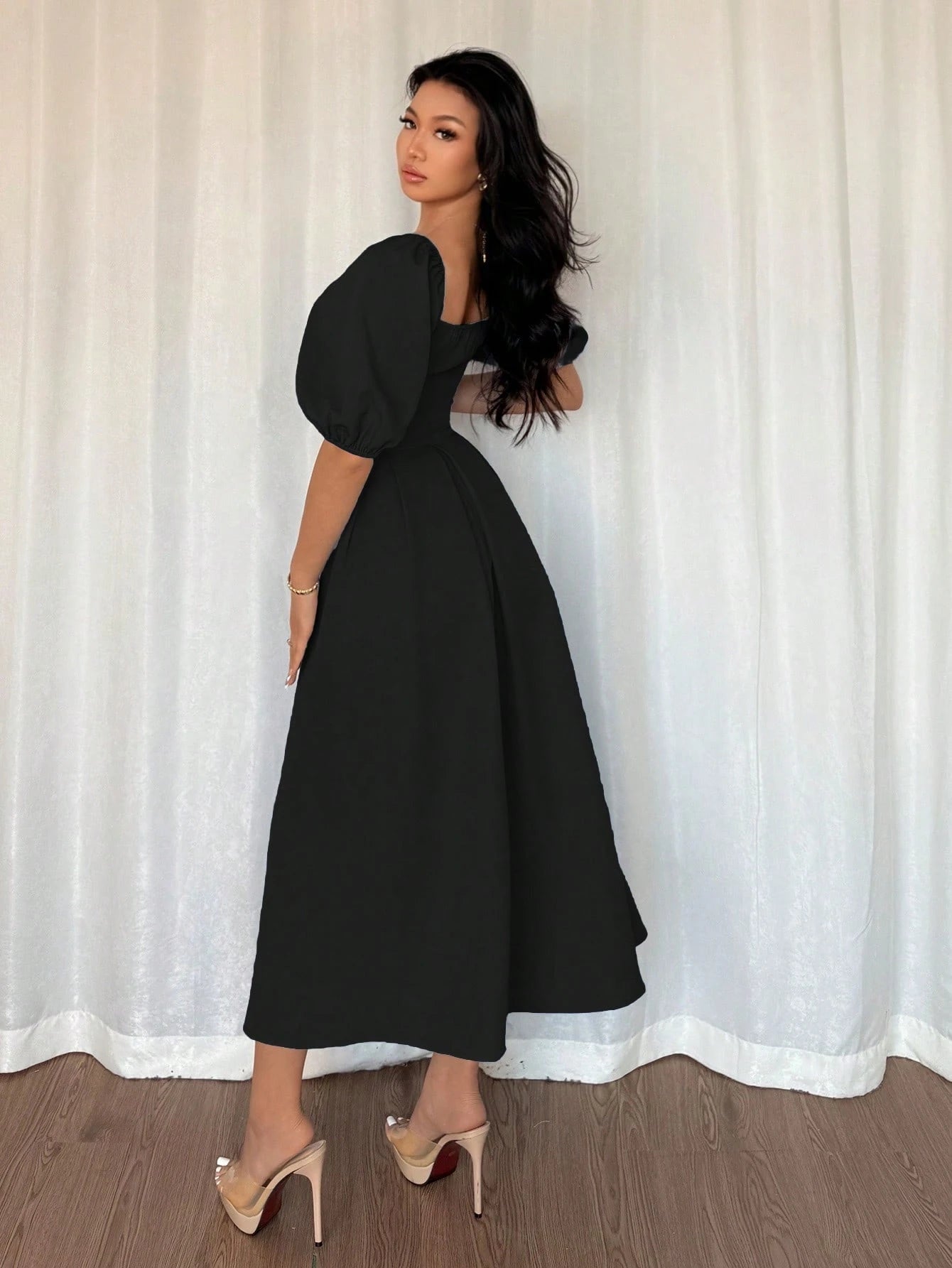 Women's Elegant Chic Minimalist Ruffle Hem Puff Sleeve A-Line Dress