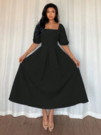 Women's Elegant Chic Minimalist Ruffle Hem Puff Sleeve A-Line Dress