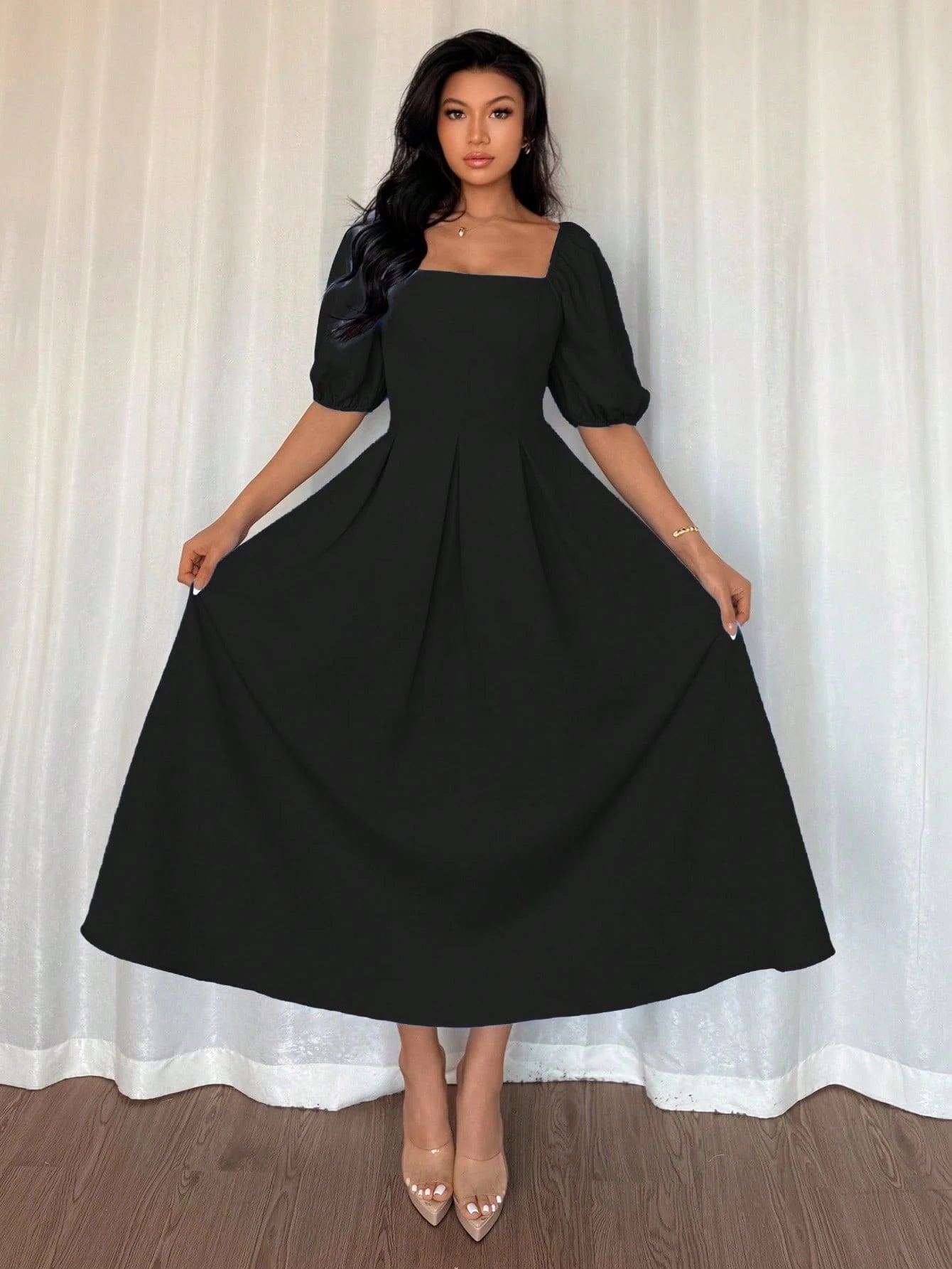 Women's Elegant Chic Minimalist Ruffle Hem Puff Sleeve A-Line Dress