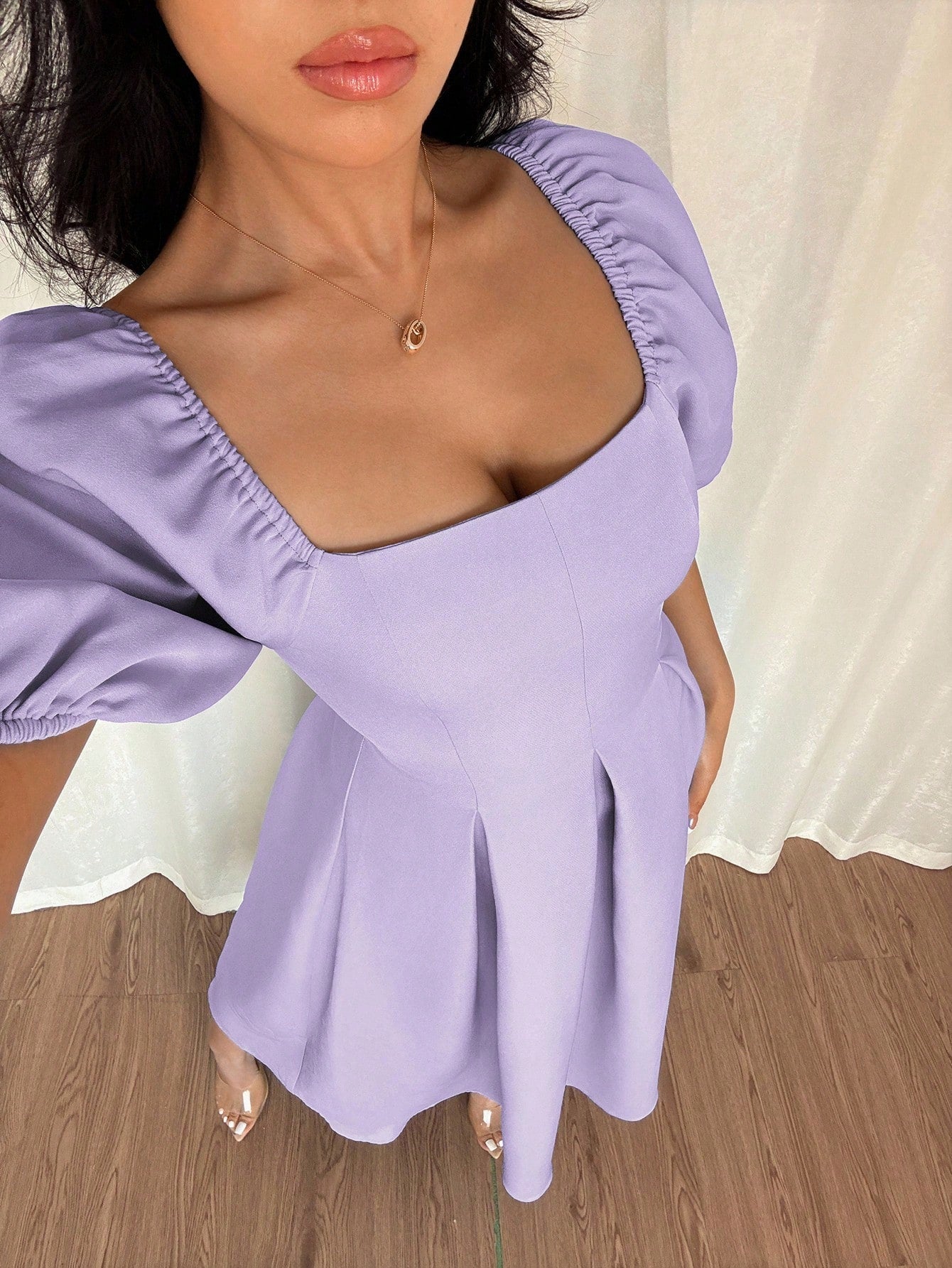 Women's Elegant Chic Minimalist Ruffle Hem Puff Sleeve A-Line Dress