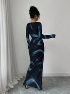 Women's Elegant Elastic Ombre Printed Mesh Ruched Bodycon Maxi Dress shein