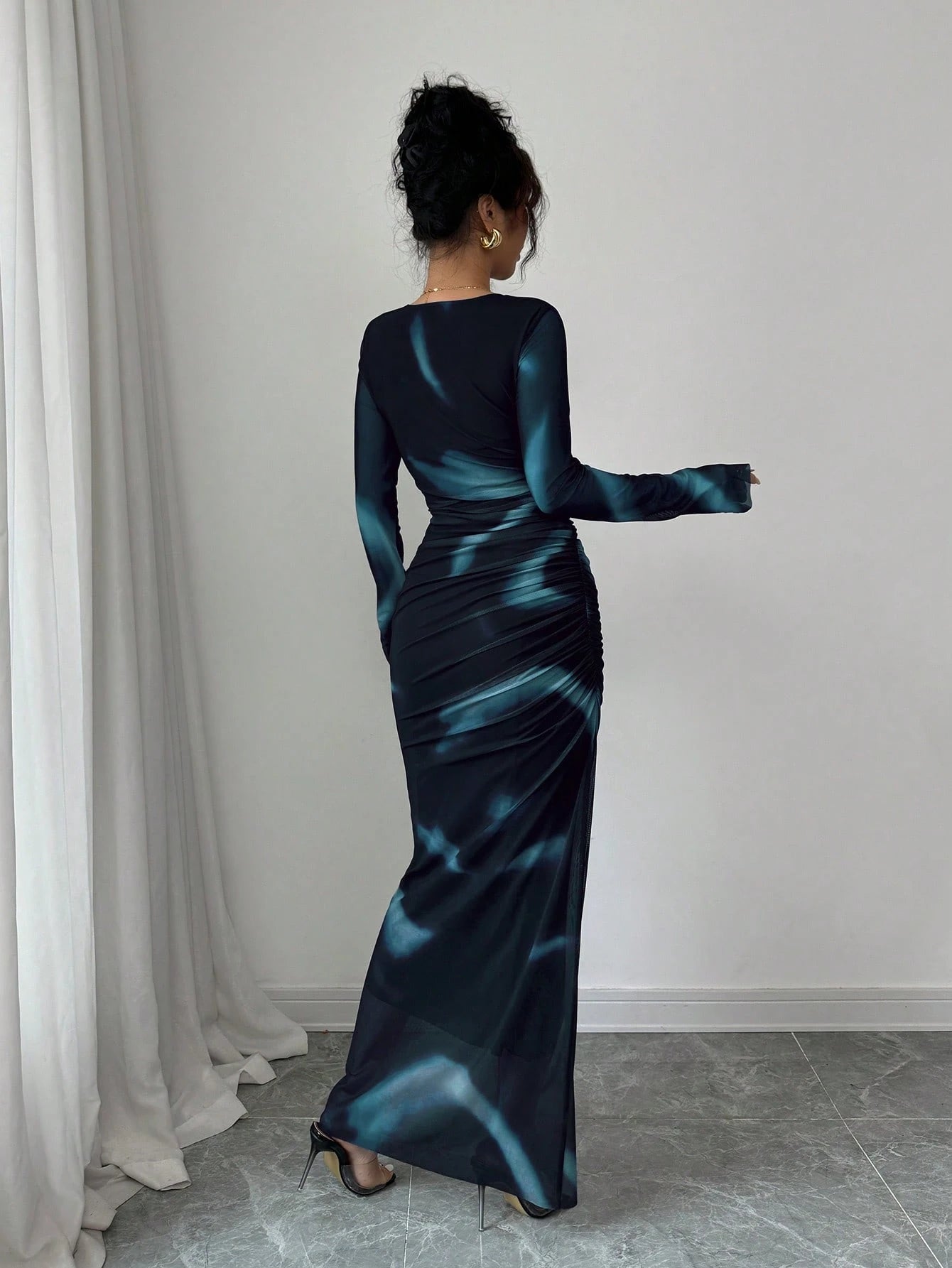 Women's Elegant Elastic Ombre Printed Mesh Ruched Bodycon Maxi Dress shein