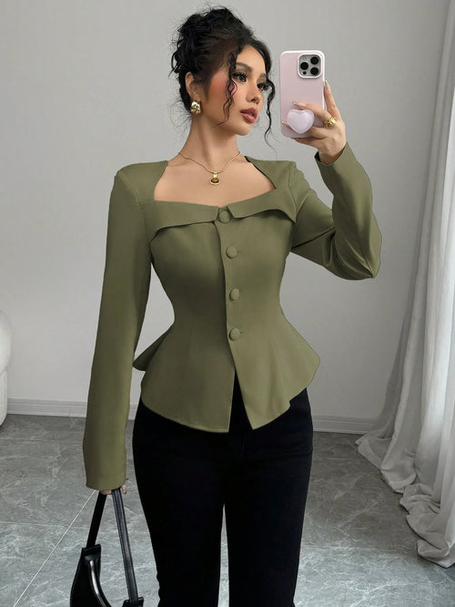 Trapezoidal Collar Square Neck Front Button Decorative Waistline A-Line Long Sleeve Shirt shein