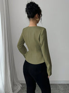 Trapezoidal Collar Square Neck Front Button Decorative Waistline A-Line Long Sleeve Shirt shein