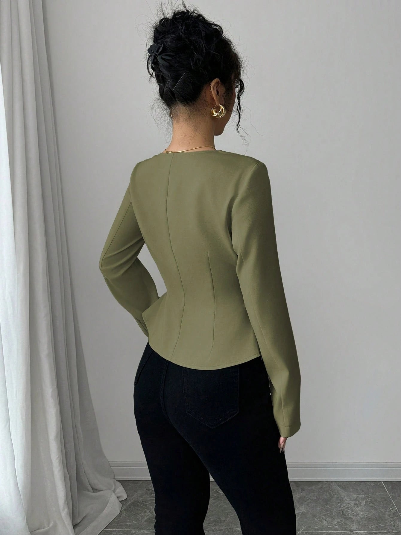 Trapezoidal Collar Square Neck Front Button Decorative Waistline A-Line Long Sleeve Shirt shein