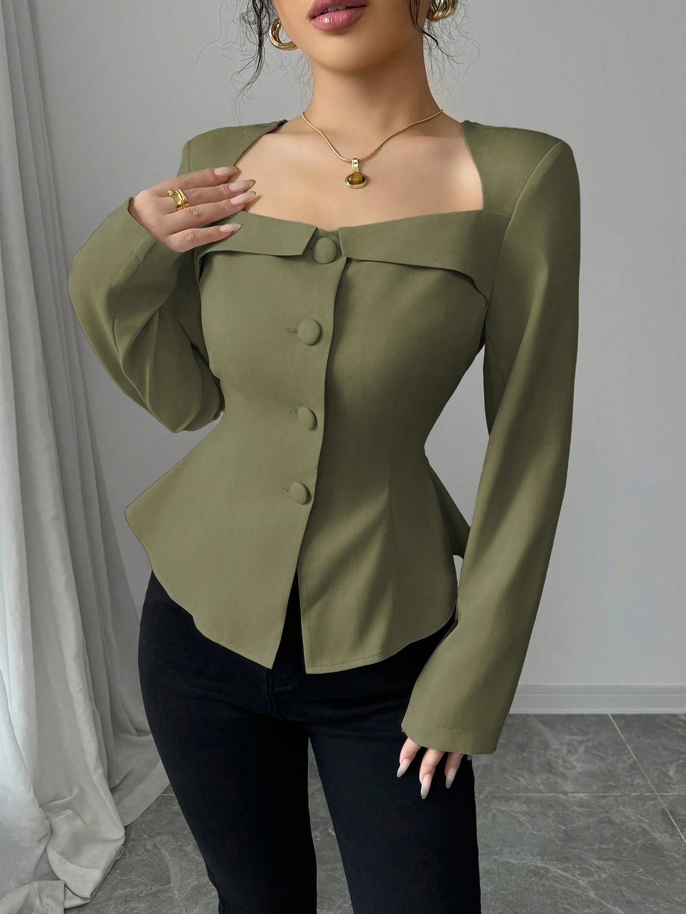 Trapezoidal Collar Square Neck Front Button Decorative Waistline A-Line Long Sleeve Shirt shein