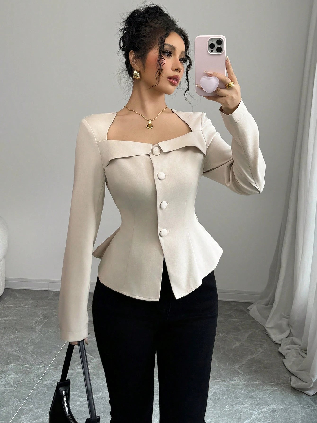Trapezoidal Collar Square Neck Front Button Decorative Waistline A-Line Long Sleeve Shirt