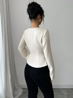 Trapezoidal Collar Square Neck Front Button Decorative Waistline A-Line Long Sleeve Shirt shein