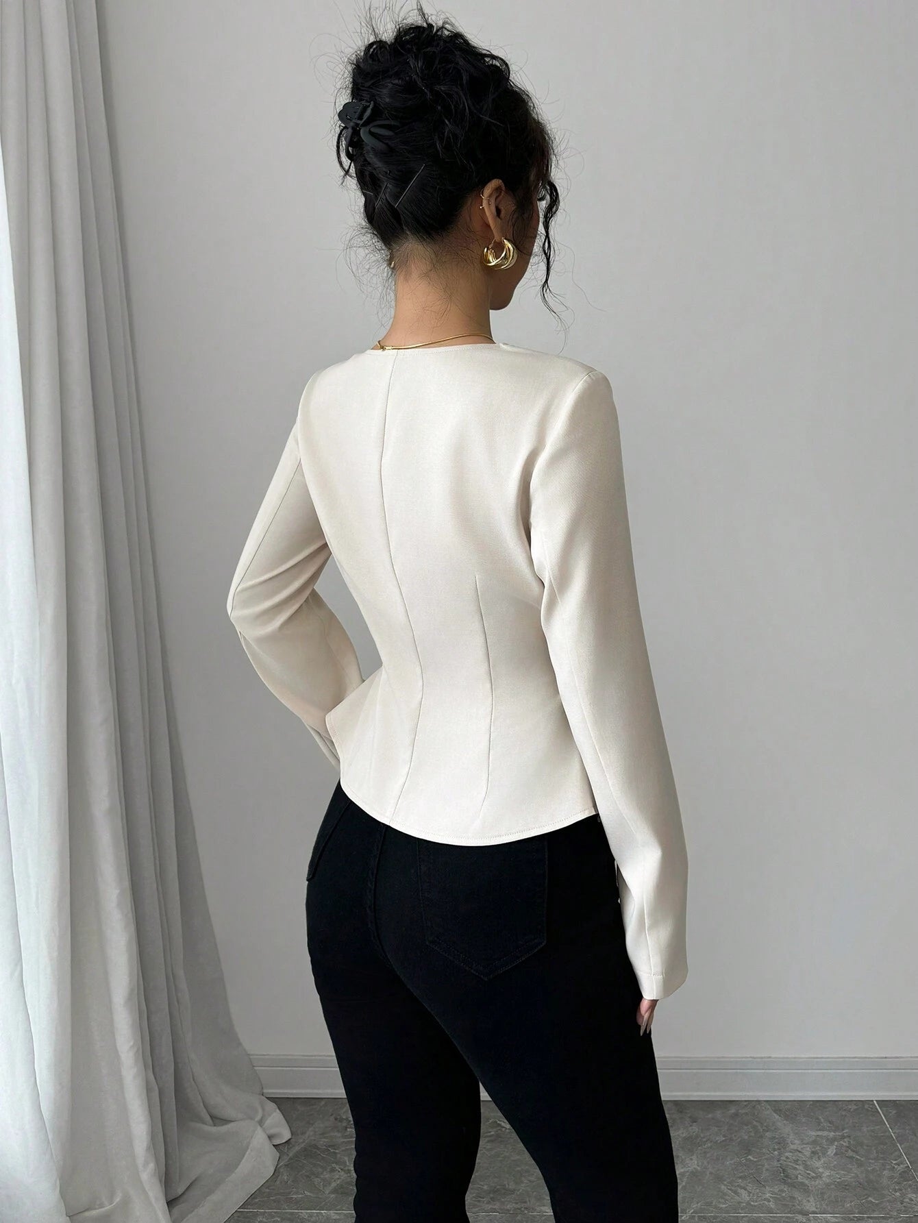 Trapezoidal Collar Square Neck Front Button Decorative Waistline A-Line Long Sleeve Shirt