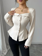 Trapezoidal Collar Square Neck Front Button Decorative Waistline A-Line Long Sleeve Shirt shein